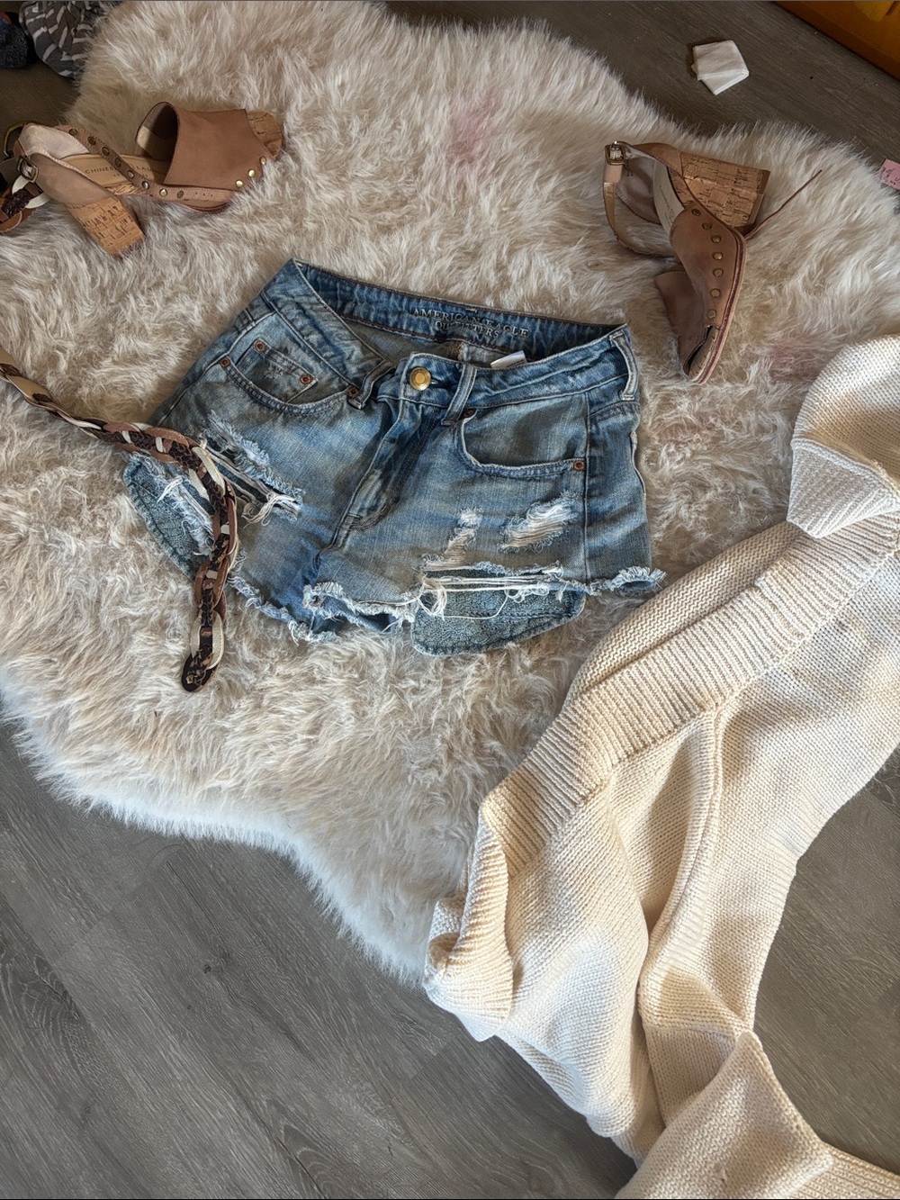 American Eagle Outfitters Light Blue Distressed Denim Shorts